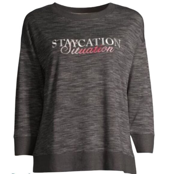 NWT Womens Top Lounge Pajama Sleep Staycation Situation Embroidered Gray Soft - Picture 4 of 7